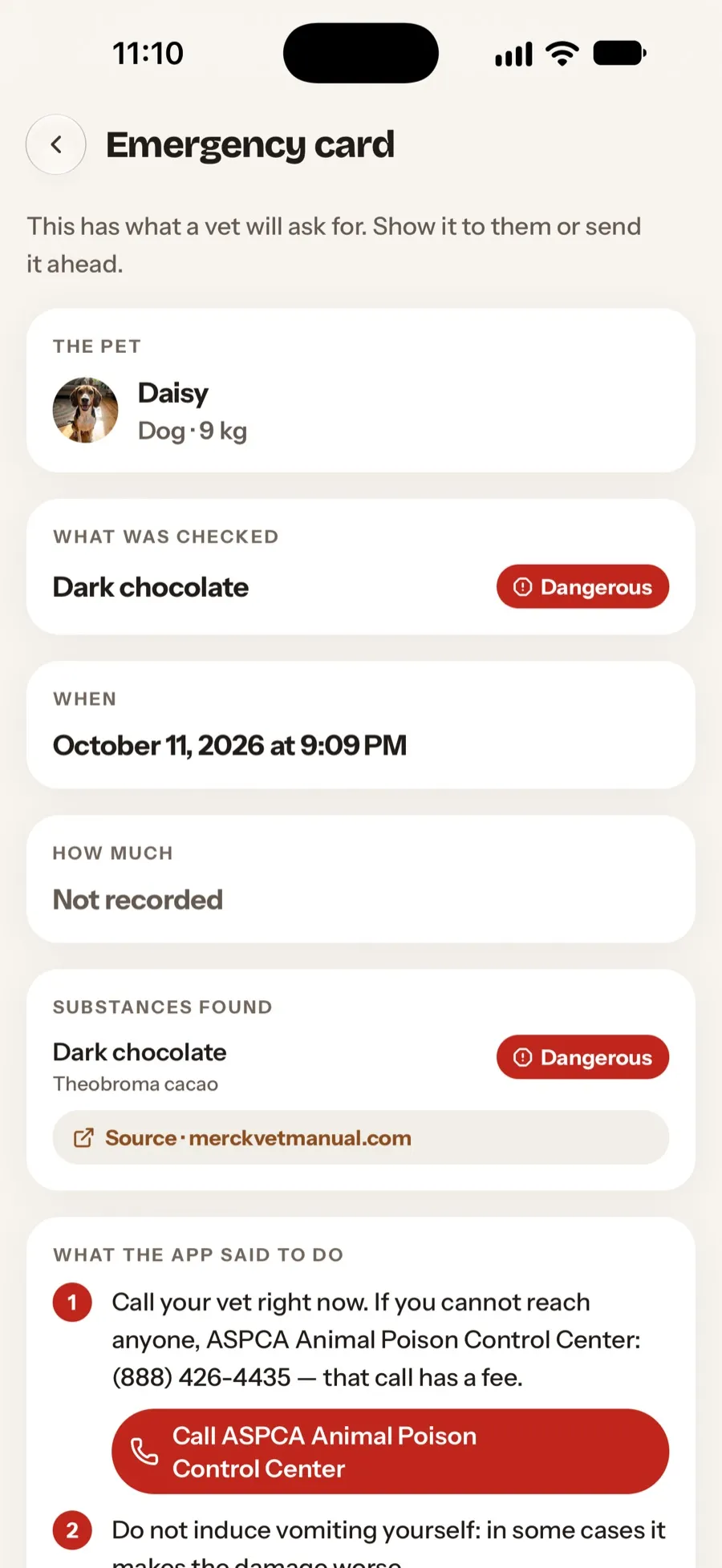 The emergency sheet: the pet, what was checked and when, ready to show the vet