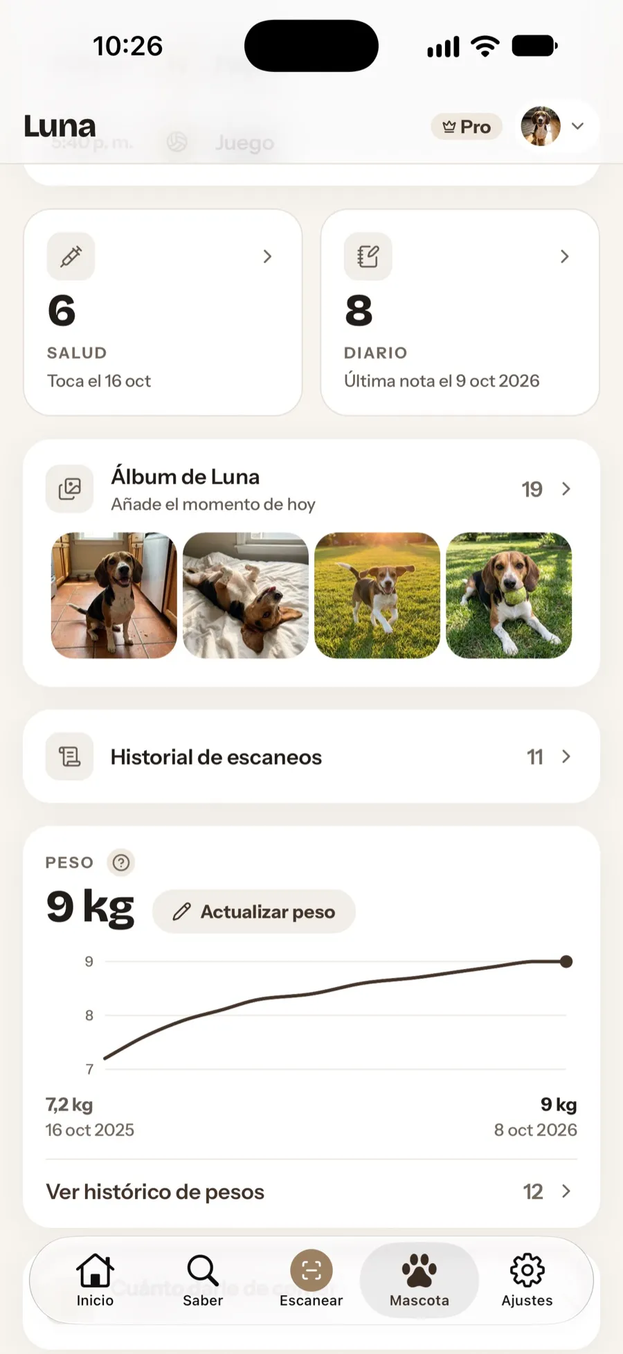 La pantalla de la mascota: salud, diario, álbum y la curva de peso