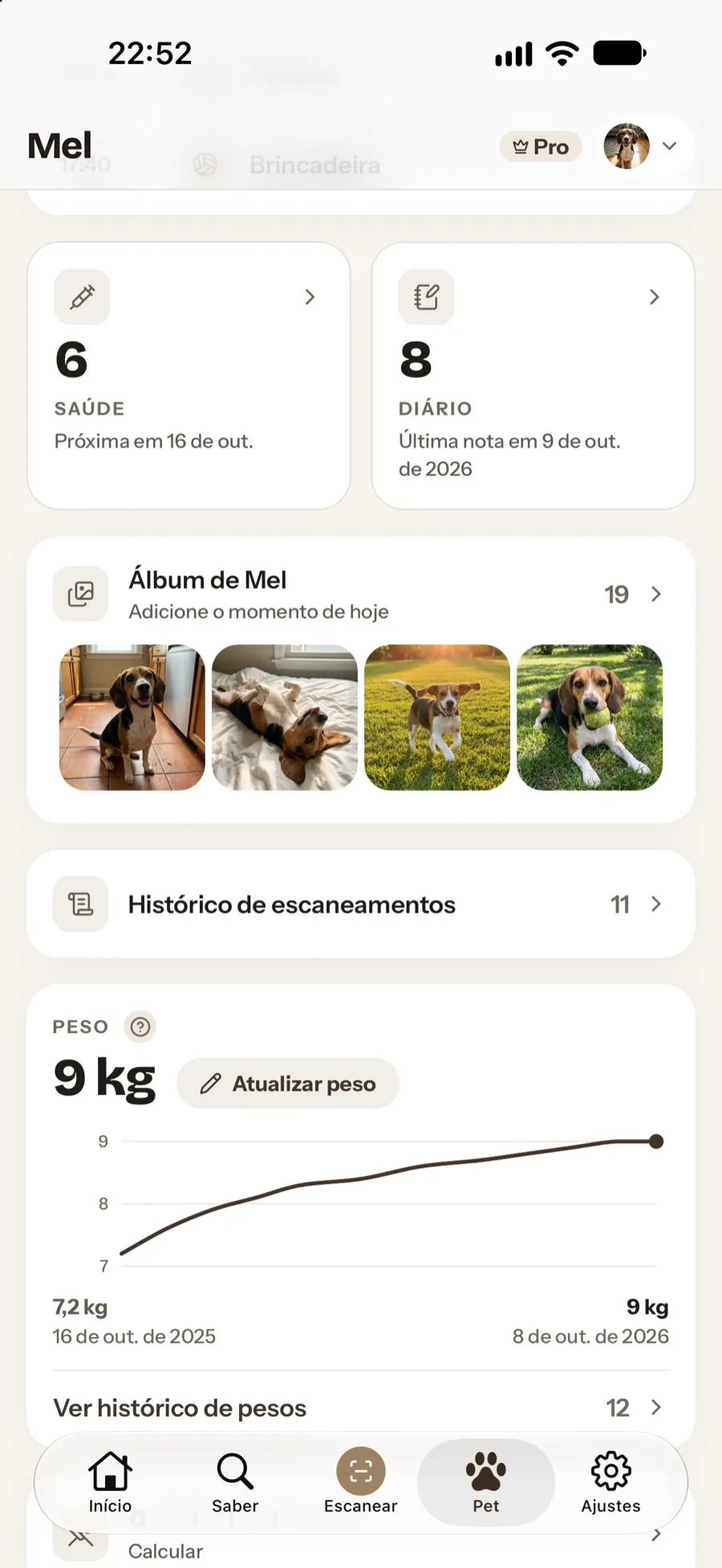 A tela do pet: saúde, diário, álbum e a curva de peso