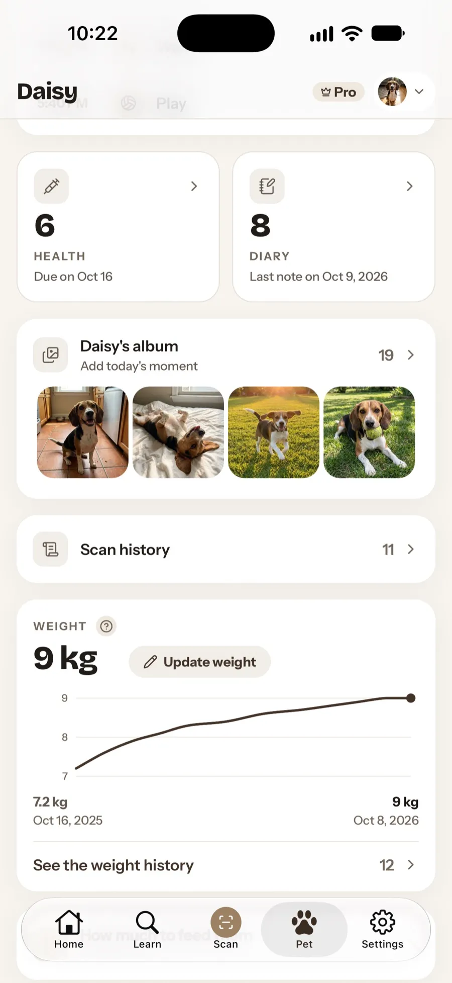 The pet screen: health, diary, album and the weight curve