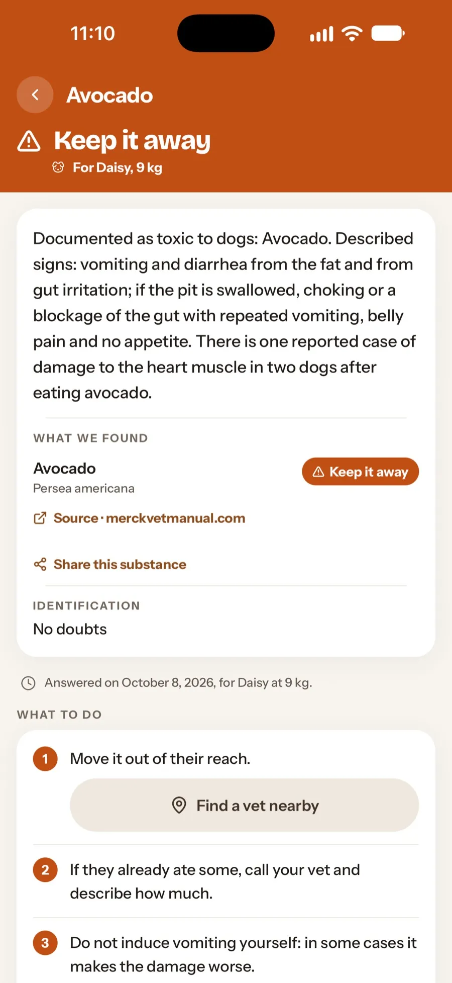 An orange verdict for an avocado recognized from a photo